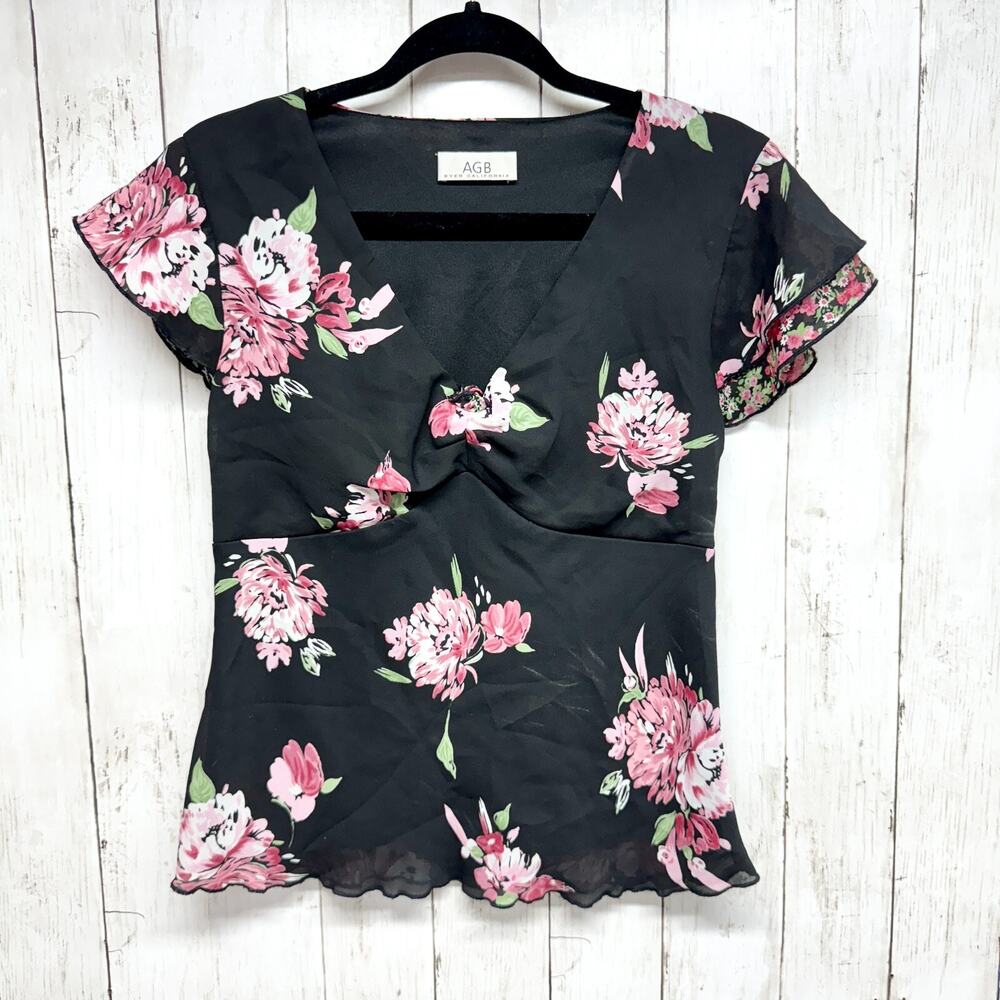 AGB‎ Byer Collection Top Women Size Small Deep V Neck Floral Short Sleeve Blouse